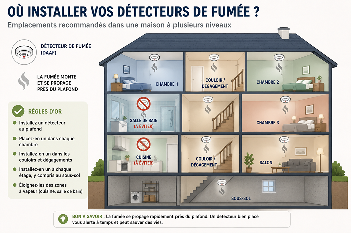 Un schéma simple montrant les emplacements recommandés pour les détecteurs de fumée 