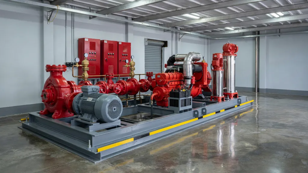 Pompes centrifuges en parallèle sur skid incendie industriel conforme NFPA 20 et NF EN 12845 avec pompe jockey et motopompe diesel